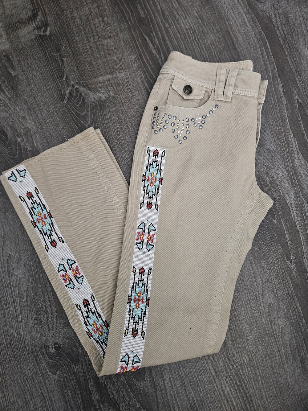 Vintage Y2K Aztec 100% Cotton Tasha Polizzi Beaded Southwestern Khaki Pants Sz 2